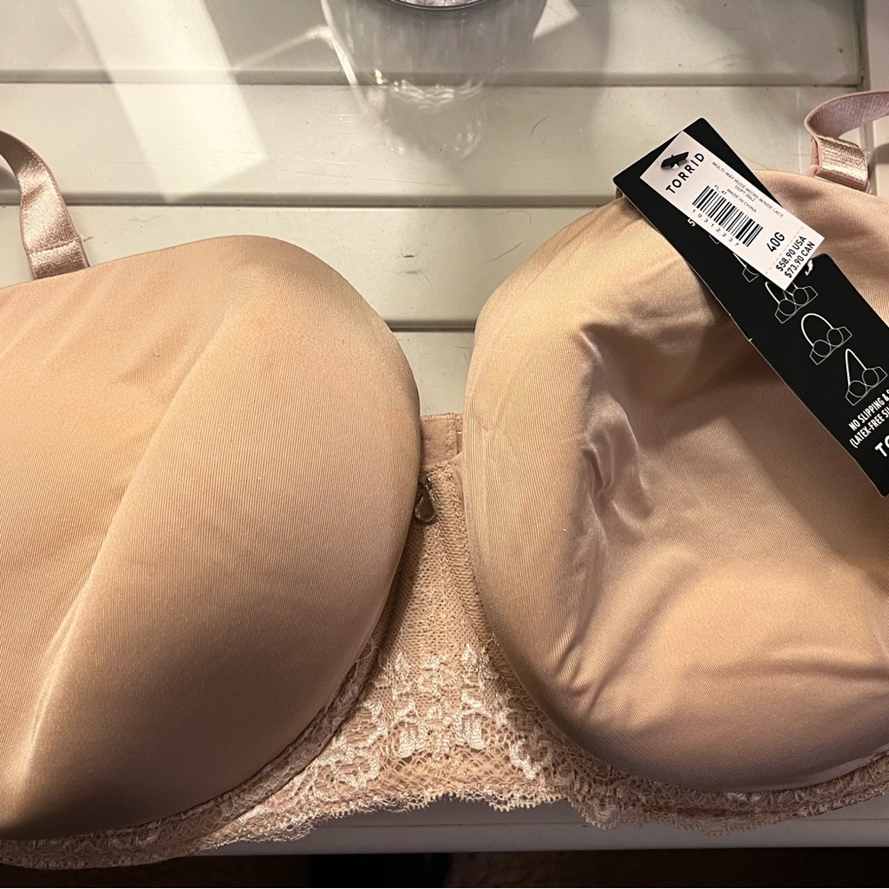 Tan Lace Trim Satin Bra with Molded Cups